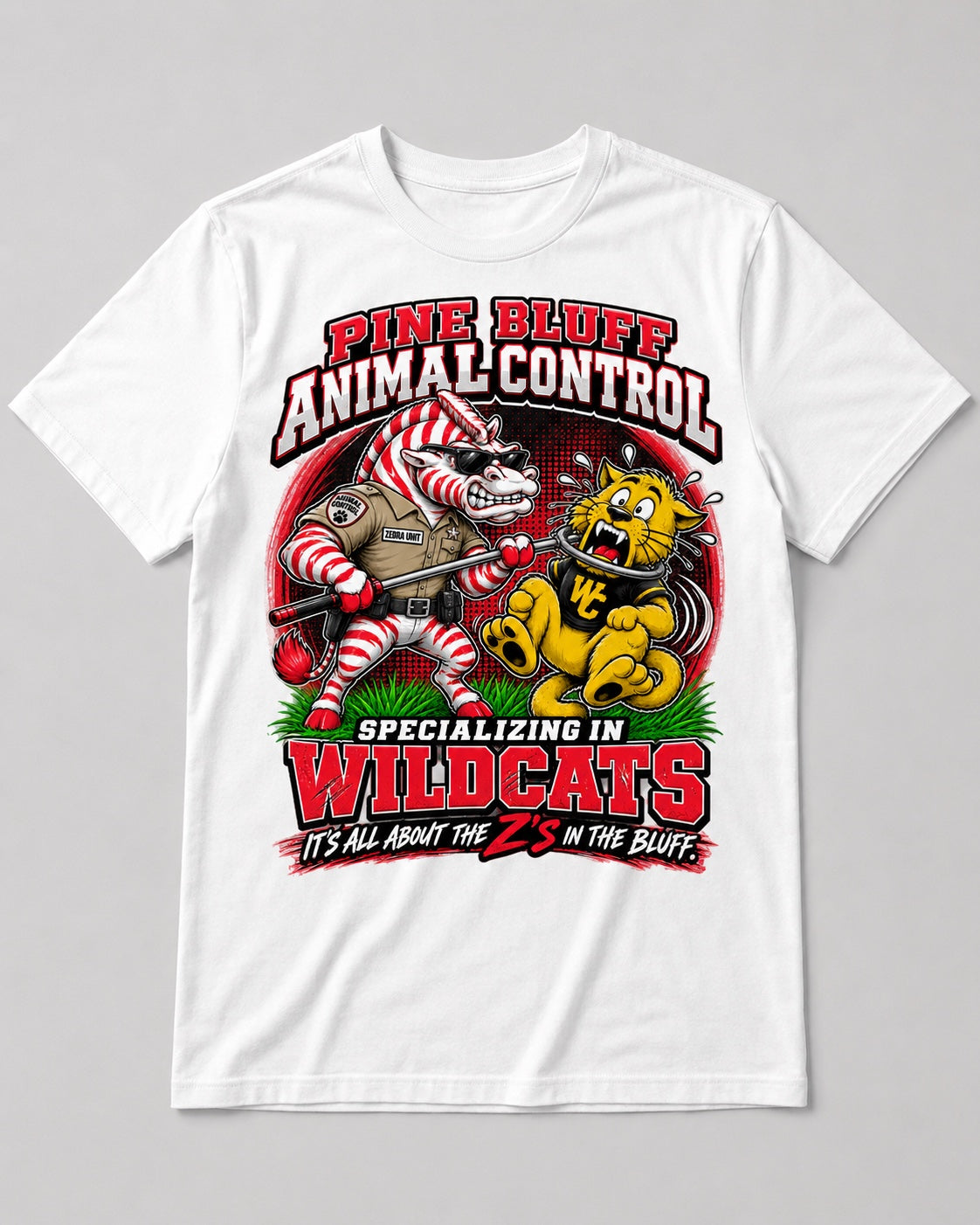Pine Bluff Animal Control rivalry tee on white shirt