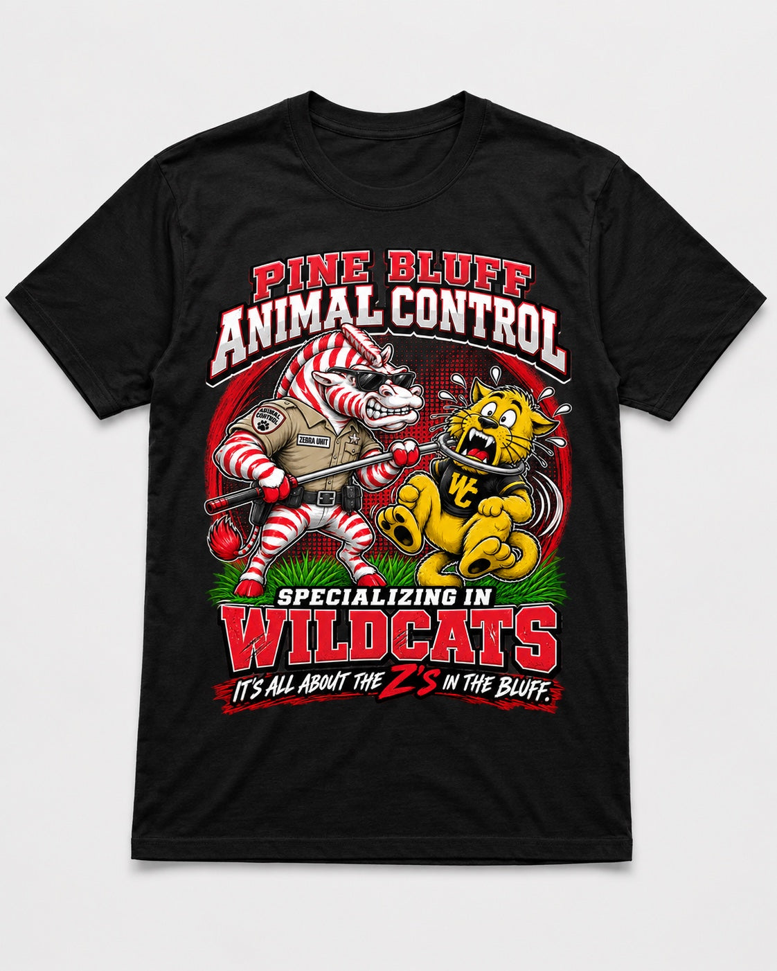 Pine Bluff Animal Control rivalry tee on black shirt