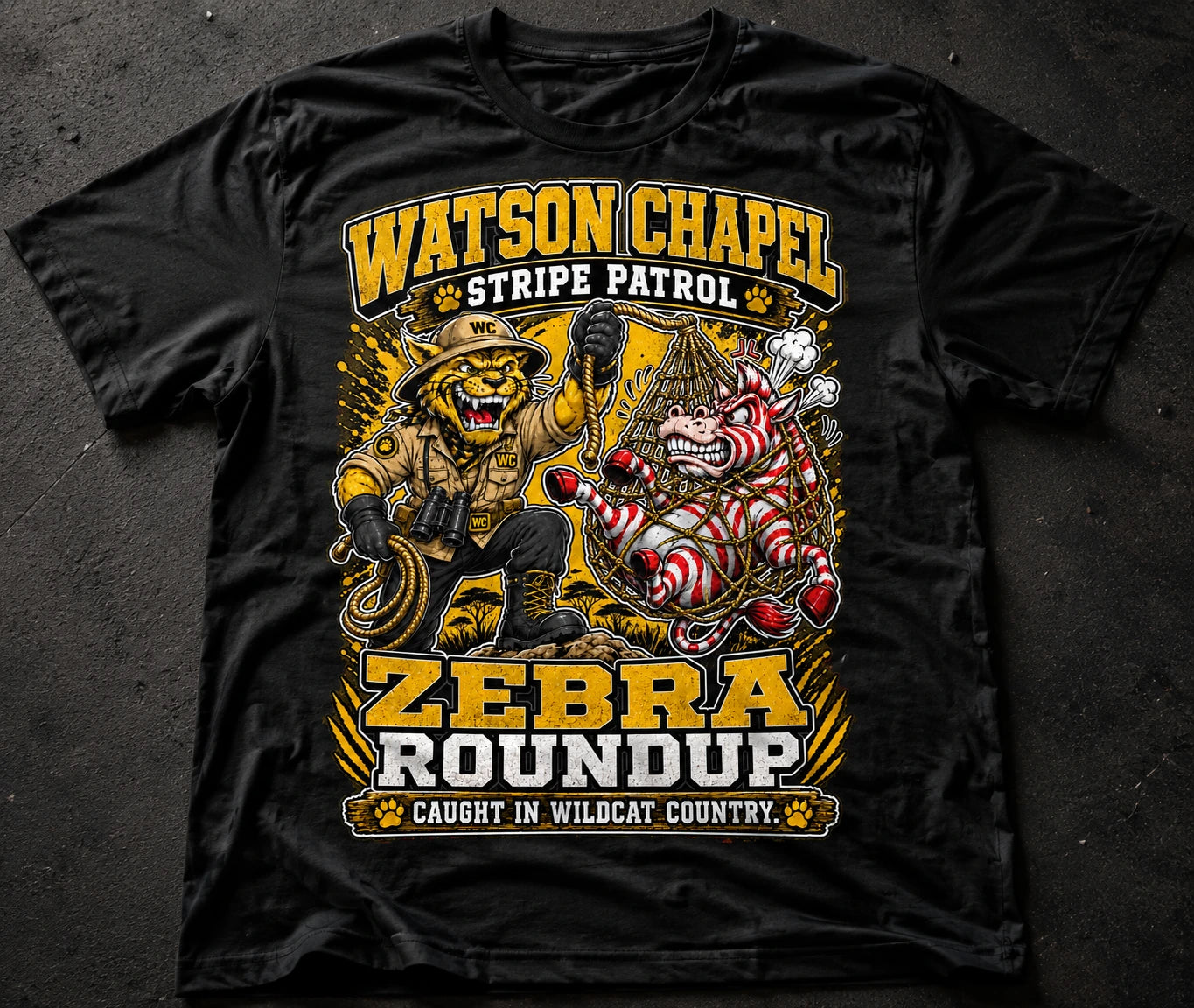 Watson Chapel Stripe Patrol Zebra Roundup rivalry tee on black shirt